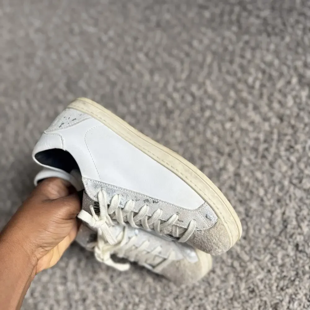P448 John Lama Sneakers White Silver Lace Up Low Top Leather Size 36 US 6 Shoe